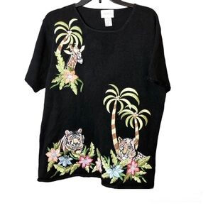 Jenny Vintage‎ Ramie Short Sleeve Sweater Floral Safari Animal Print Black XL